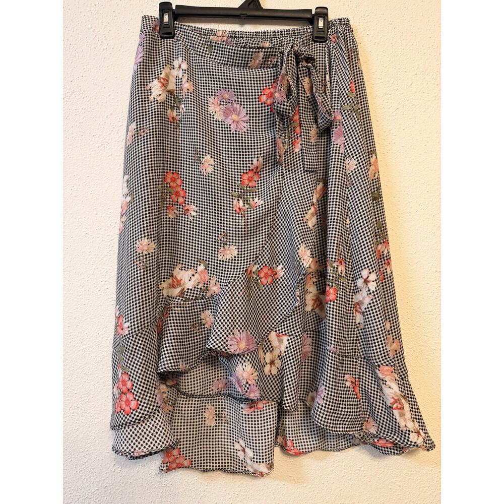 HeartSoul Gingham Floral Midi Wrap Skirt Ruffle Hem Bow Elastic Waist - L